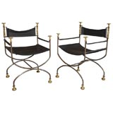 Pair of Early 20th Century Iron and Brass Curule Chairs